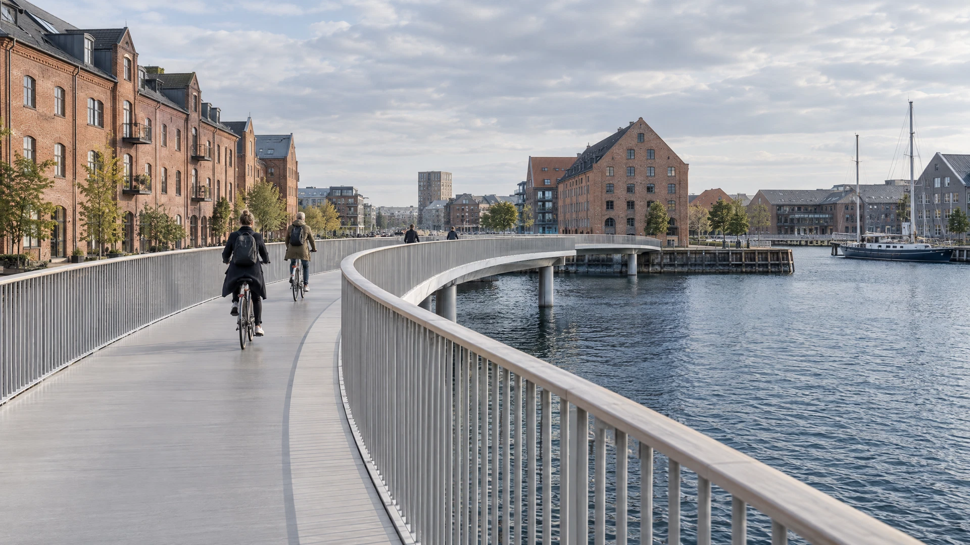 Illustrative curved cycle and pedestrian bridge in a Danish-inspired harbour